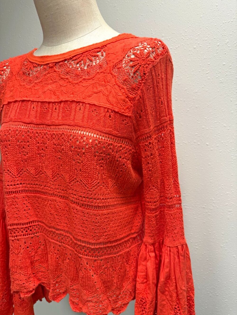 Free People Once Upon A Time Lace Crochet Bell Sleeve Top - Picture 7 of 14